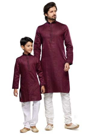 Wine Art Silk Father Son Kurta Set Combo