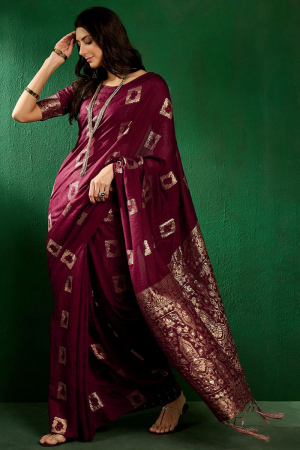 Wine Cotton Woven Party Wear Saree