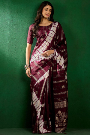 Wine Cotton Woven Party Wear Saree