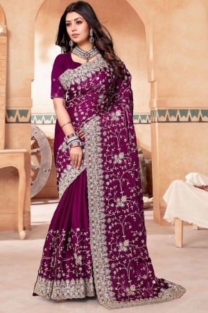 Wine Crape Silk Embroidered Saree