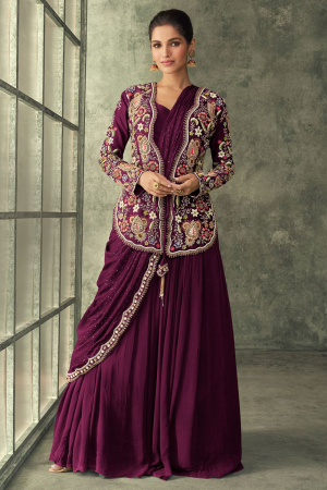 Wine Drape Style Gown with Embroidered Jacket