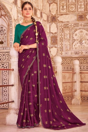 Wine Embroidered Chiffon Saree