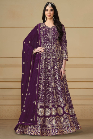 Wine Embroidered Faux Georgette Anarkali Suit
