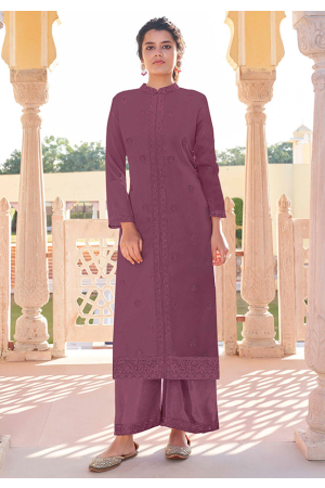 Wine Embroidered Faux Georgette Kurti with Palazzo