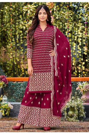 Wine Embroidered Faux Georgette Palazzo Kameez
