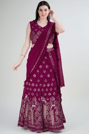 Wine Embroidered Georgette Lehenga Saree