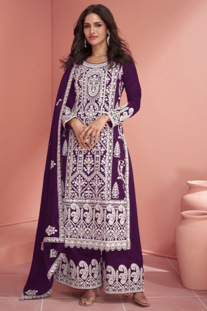 Wine Embroidered Georgette Palazzo Kameez for Festival