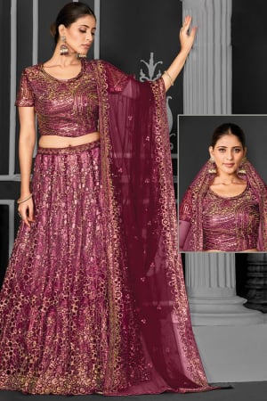 Wine Embroidered Net Designer Lehenga Choli