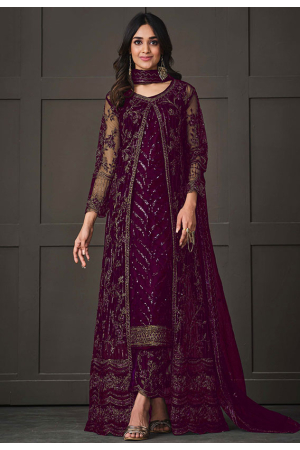 Wine Embroidered Net Pant Kameez with Jacket