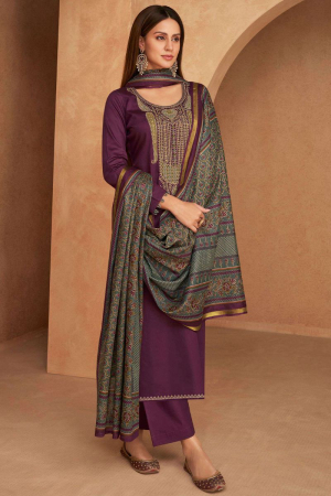 Wine Embroidered Pant Kameez for Party