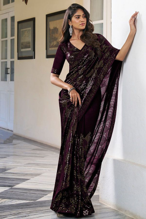 Wine Embroidered Party Wear Saree