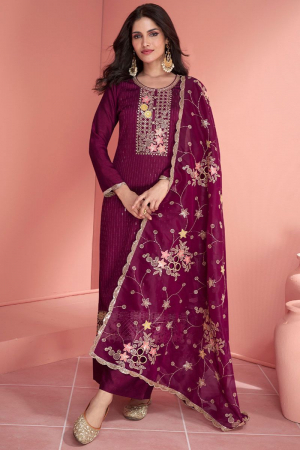 Wine Embroidered Silk Palazzo Kameez for Festival