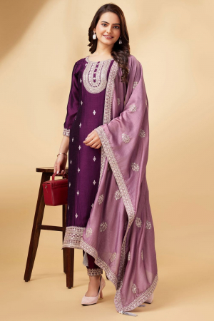 Wine Embroidered Silk Partywear Suit