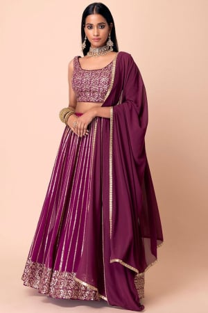 Wine Georgette Embroidered Lehenga Choli Set