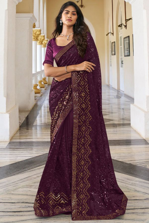 Wine Georgette Embroidered Sequins Embroidered Saree