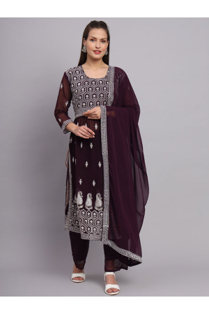 Wine Georgette Embroidered Trouser Kameez Suit