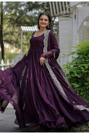 Wine Georgette Gown with Dupatta