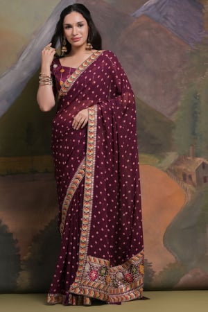 Wine Georgette Party Wear Saree