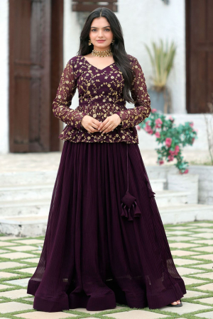 Wine Heavy Embroidered Indo Western
