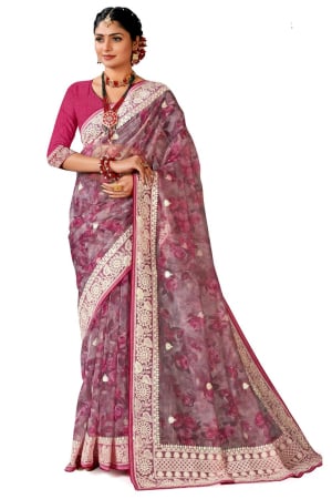 Wine Organza Digital Printed Saree