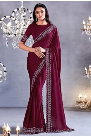 Wine Pure Satin Party Wear Saree