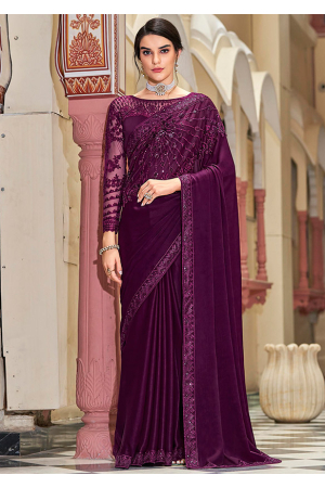 Wine Saree with Designer Embroidered Blouse