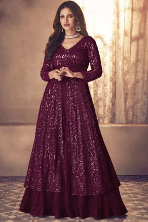 Wine Sequined Georgette Lehenga Kameez