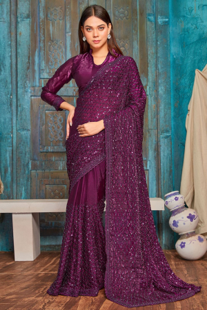 Wine Silk Sequins Work Saree for Party 