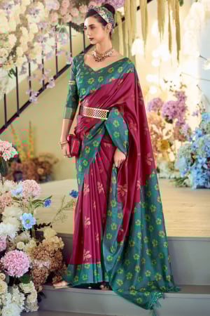 Wine Soft Silk Saree with Ikkat Border
