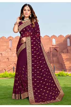 Wine Zari Embroidered Georgette Saree