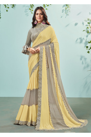 Yellow and Grey Designer Embroidered Saree