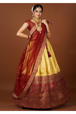 Yellow and Maroon Banarasi Silk Zari Woven Lehenga Choli Set