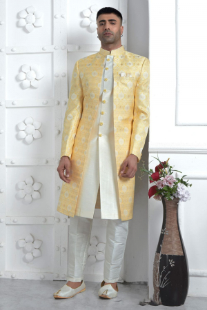 Yellow and Off White Jacquard Silk 3 Pc Indo Western Outfit