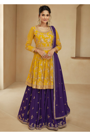 Yellow and Purple Real Georgette Lehenga Suit