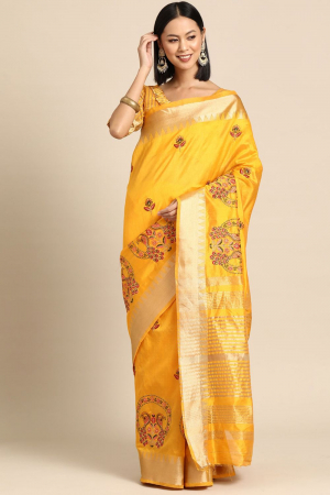 Yellow Assam Cotton Silk Floral Thread  Embroidery Work Party Wear Saree