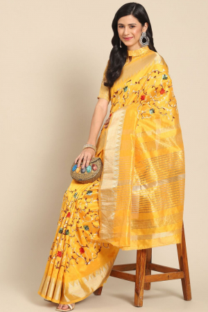 Yellow Assam Cotton Silk Jacquard Woven Embroidery Work Party Wear Saree