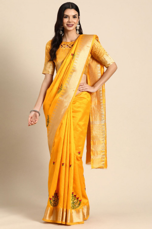 Yellow Assam Cotton Silk Thread  Embroidery Work Party Wear Saree