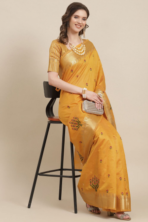 Yellow Assam Cotton Silk Thread Embroidery Work Party Wear Saree