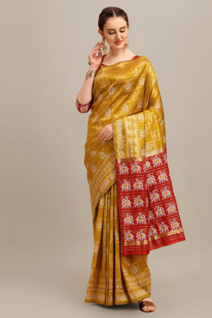 Yellow Banarasi Cotton Silk Patola Pattern Weaving Printed Party Wear Saree