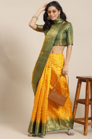 Yellow Banarasi Cotton Silk with Zari weaving  Party Wear Saree