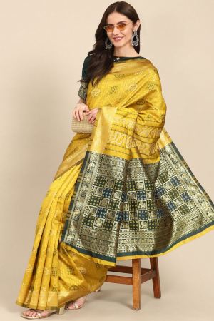 Yellow Banarasi Cotton Weaving Silk Bandhani Printed Festival Wear Saree