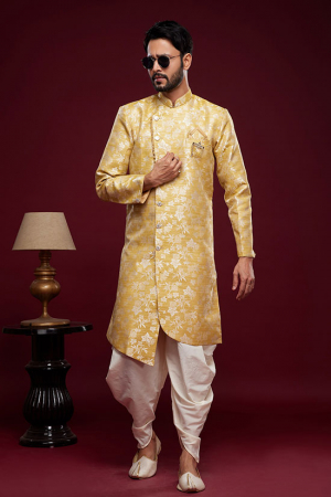 Yellow Banarasi Jacquard Indo Western Outfit