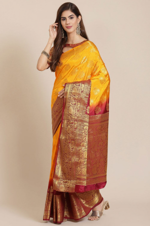 Yellow Banarasi Silk Golden Border Jacquard Printed Party Wear Saree