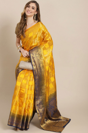 Yellow Banarasi Silk with Jacquard Print Party Wear Saree