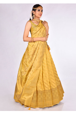 Yellow Banarasi Silk Zari Woven Lehenga Choli Set