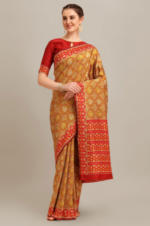Yellow Banarasi Silk Zari Woven Patola Weaving Printed Party Wear Saree