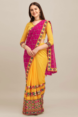 Yellow Bandhani Georgette and Vichitra Silk with Thread Embroidered Saree