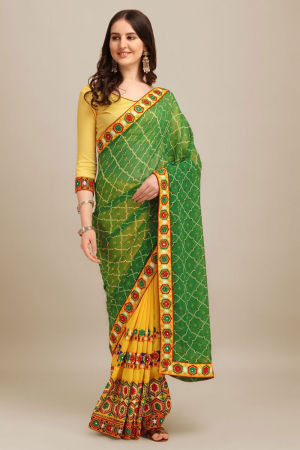 Yellow Bandhani Georgette and Vichitra Silk with Thread Embroidered Saree