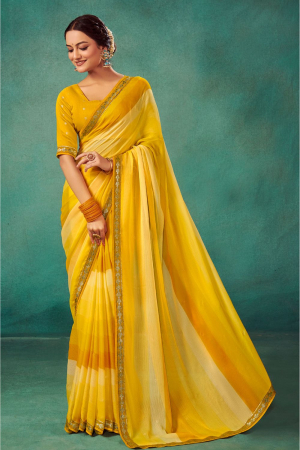 Yellow Chiffon Silk Printed Saree