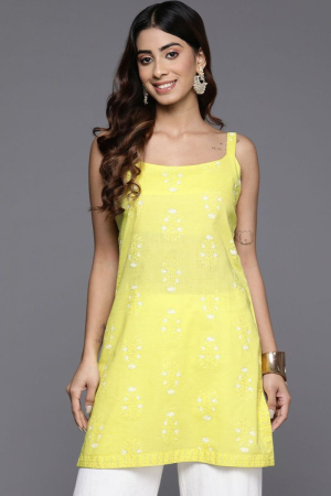 Yellow Cotton Party Wear Tunic